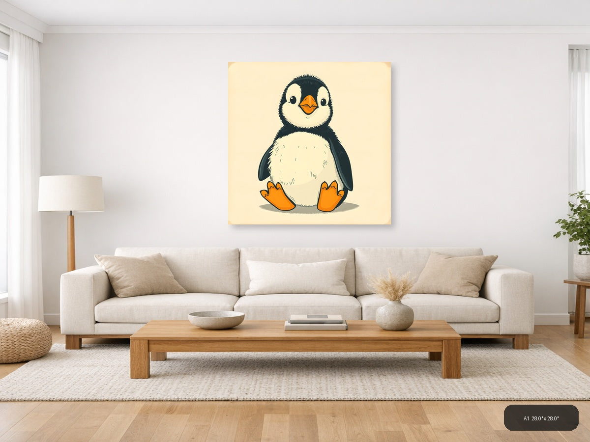 Cute Penguin Vintage Style Square Wall Art — A1 / Living Room