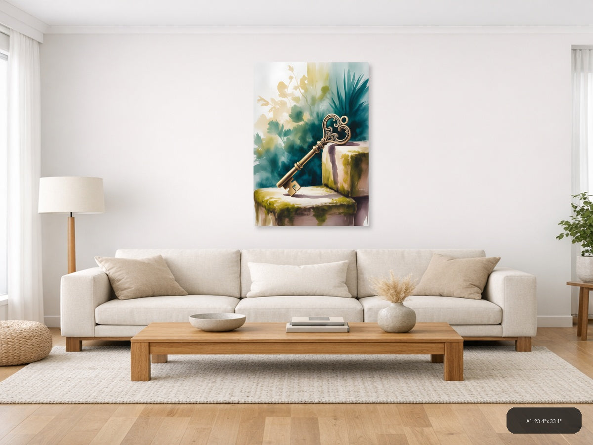 Ornate Golden Key Watercolor Wall Art — A1 / Living Room