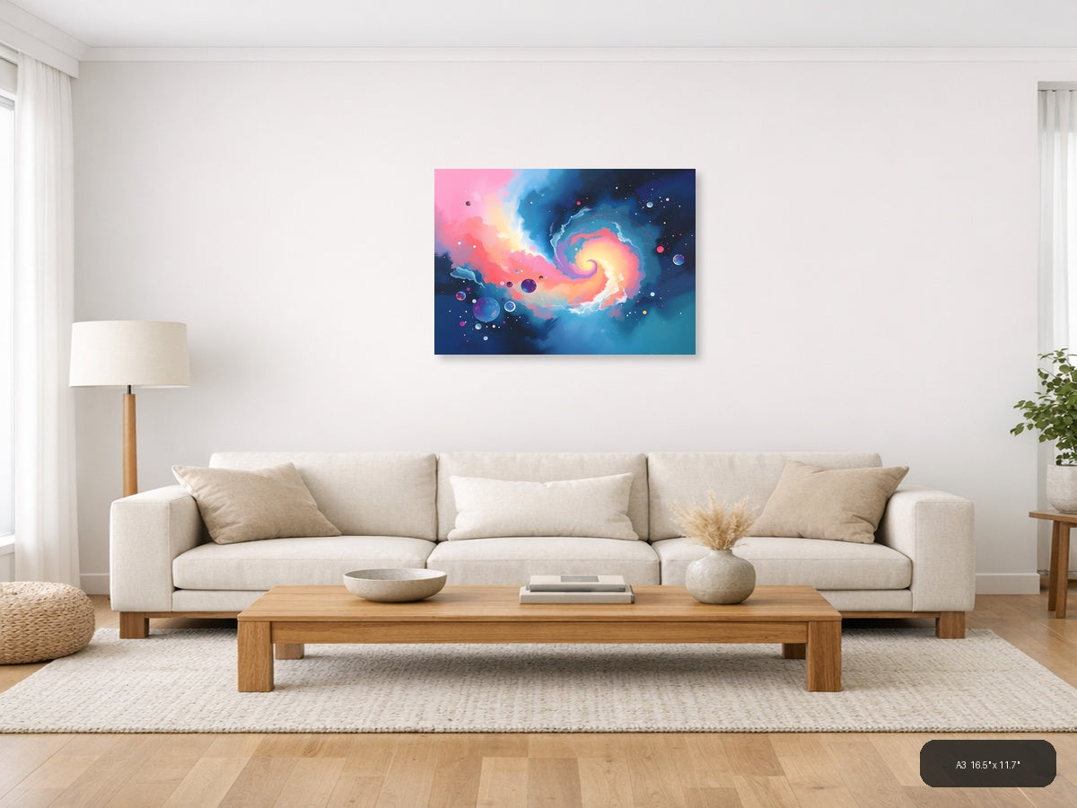 Cosmic Spiral Galaxy Abstract Pink Blue Wall Art — A3 / Living Room