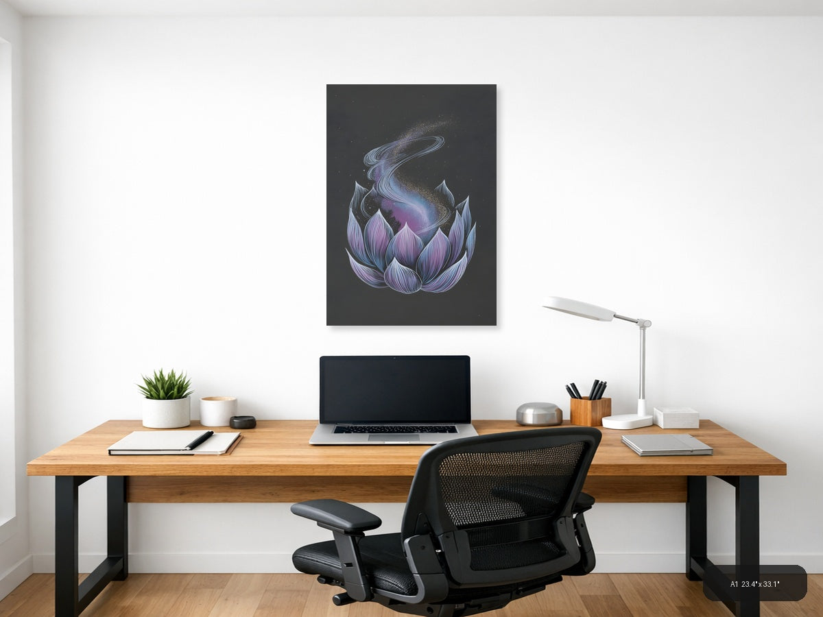 Cosmic Lotus Flower Line Art Galaxy Wall Art — A1 / Office