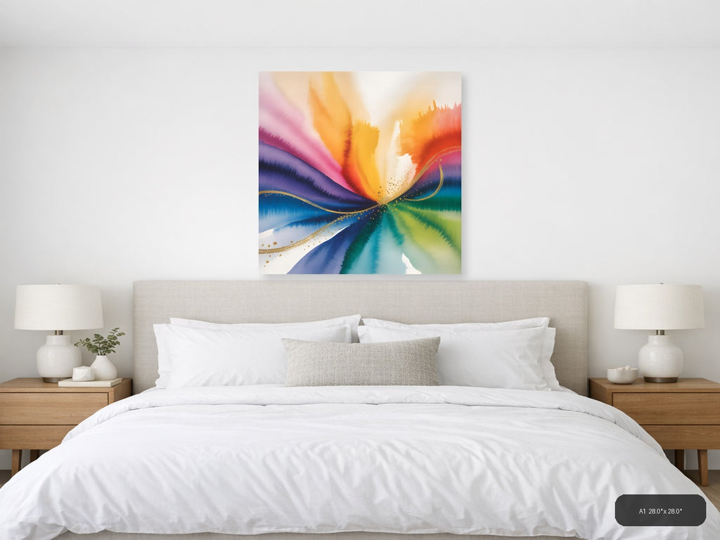 Rainbow Watercolor Wave with Gold Accents Wall Art — A1 / Bedroom