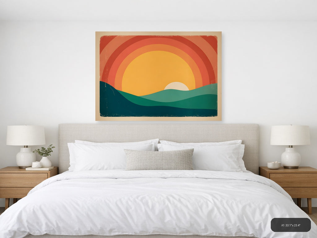 Vintage Retro Sunset Landscape Illustration Wall Art — A1 / Bedroom