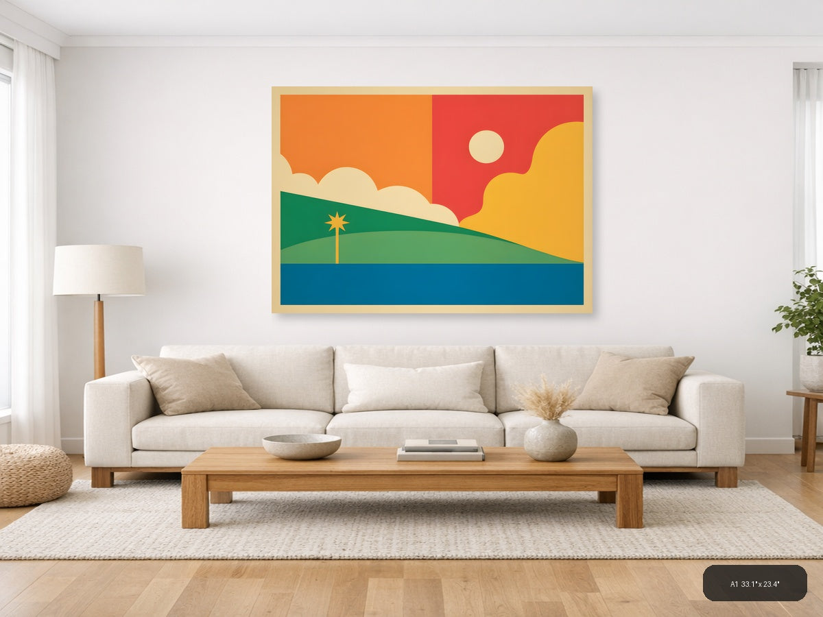 Vintage Sunset Landscape with Palm Tree Wall Art — A1 / Living Room