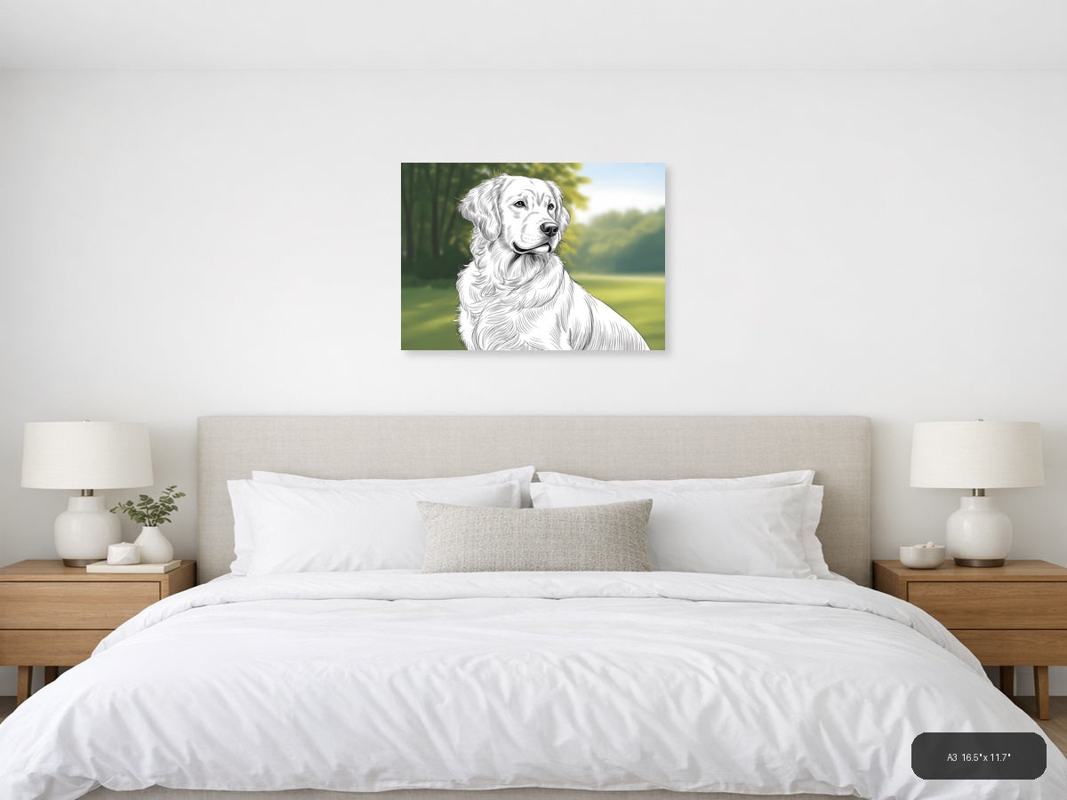 Golden Retriever Portrait Line Art Wall Art — A3 / Bedroom