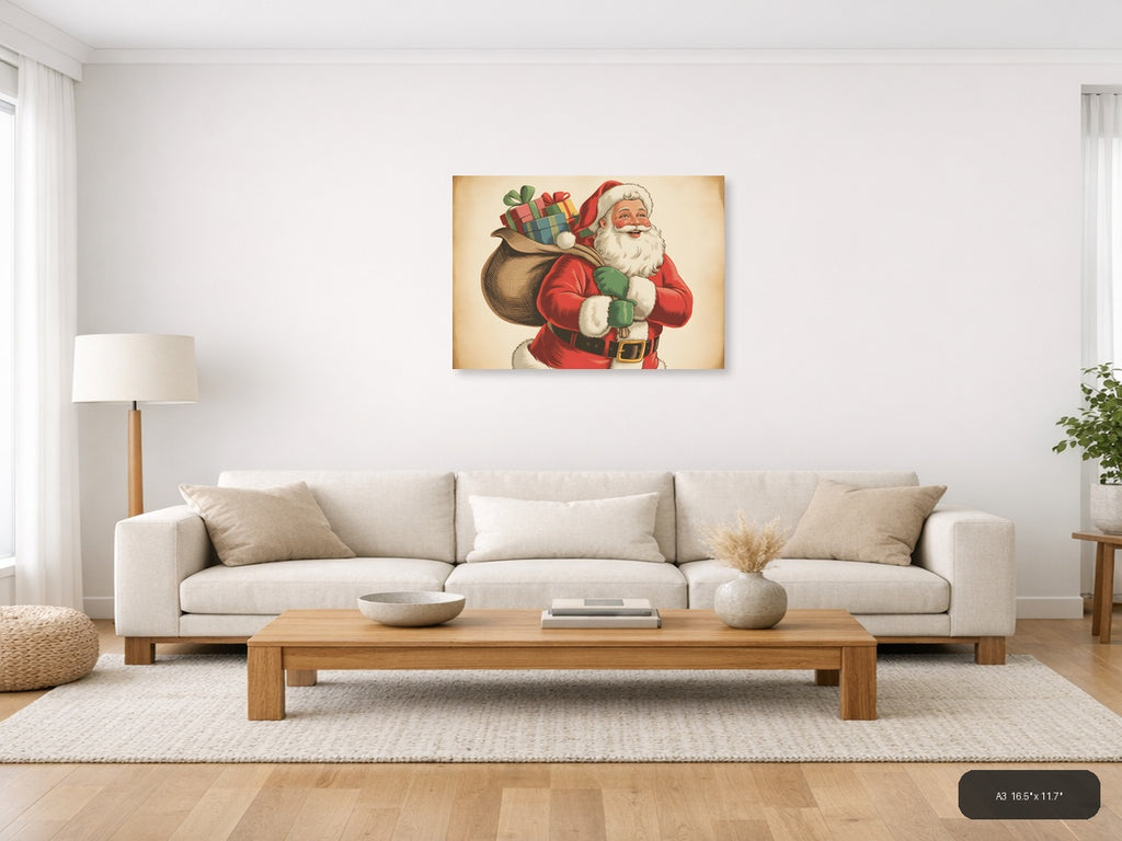 Vintage Santa Claus with Gifts Illustration Wall Art — A3 / Living Room
