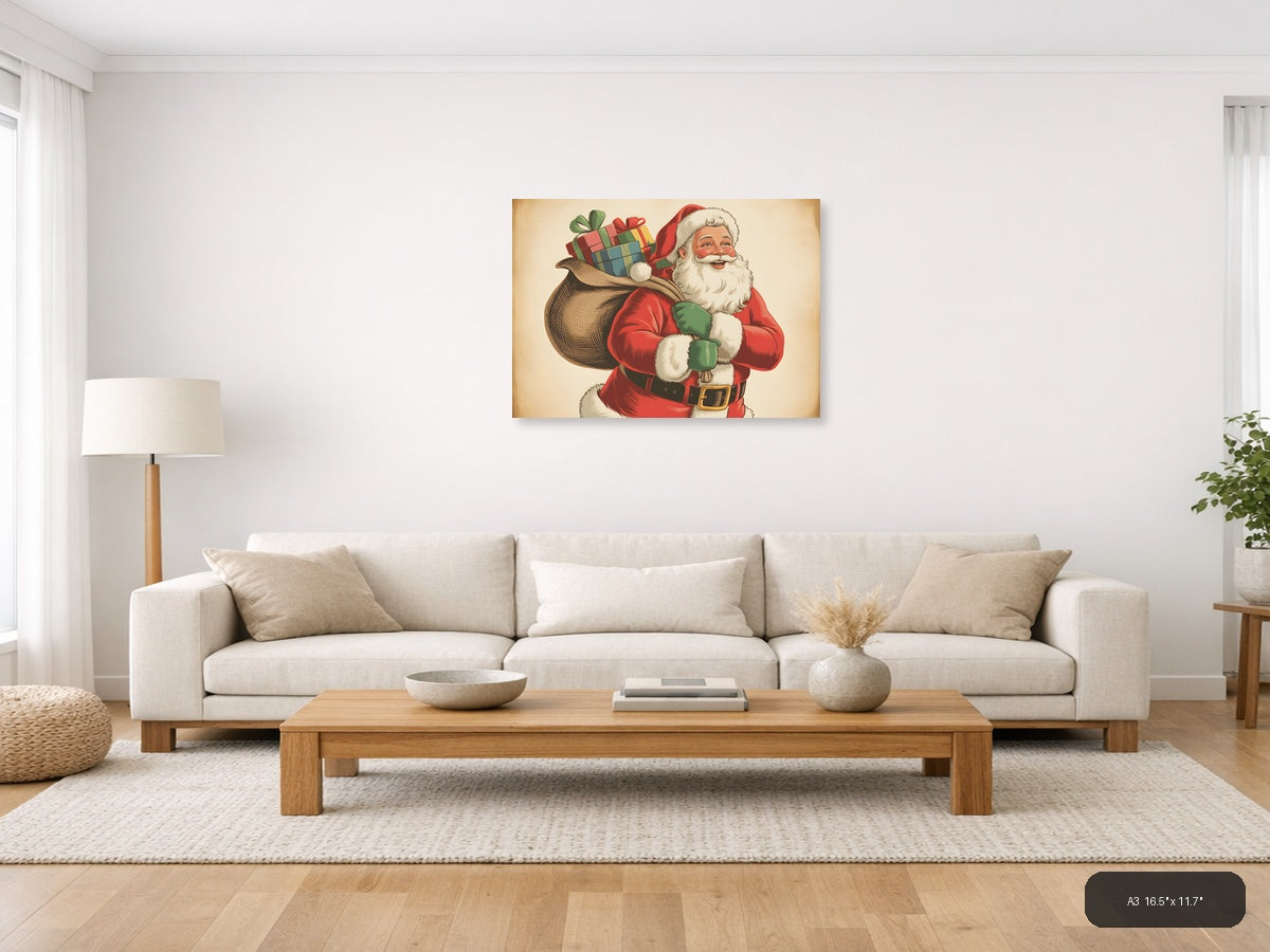 Vintage Santa Claus with Gifts Illustration Wall Art — A3 / Living Room