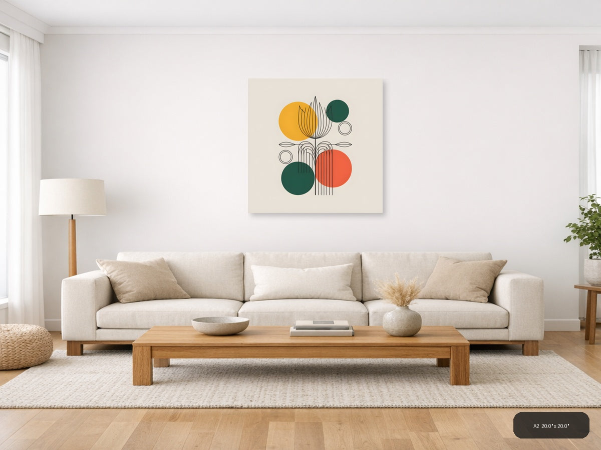 Abstract Botanical Line Art with Geometric Circles Wall Art — A2 / Living Room
