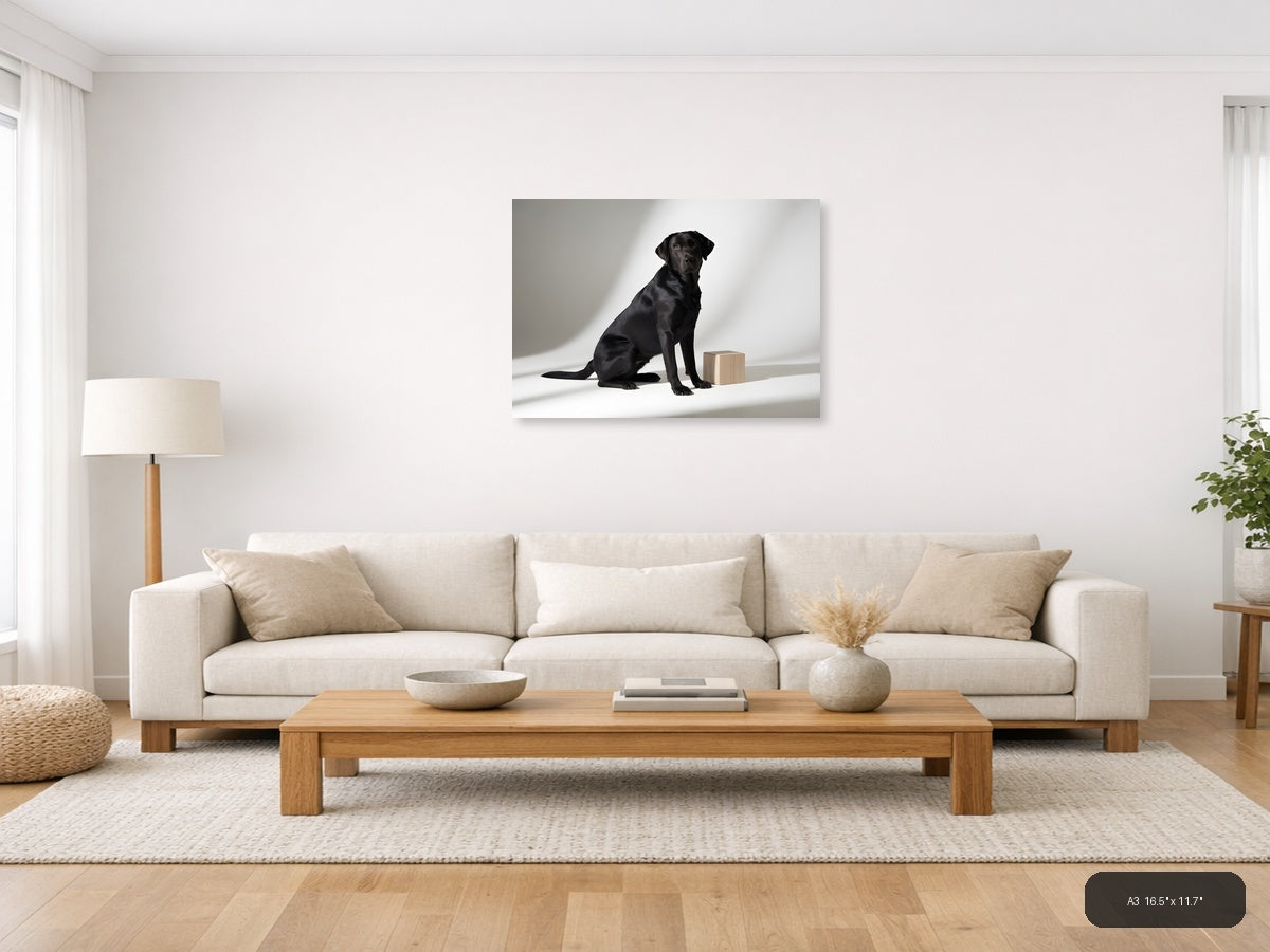 Black Labrador & Wooden Cube Minimalist Wall Art — A3 / Living Room