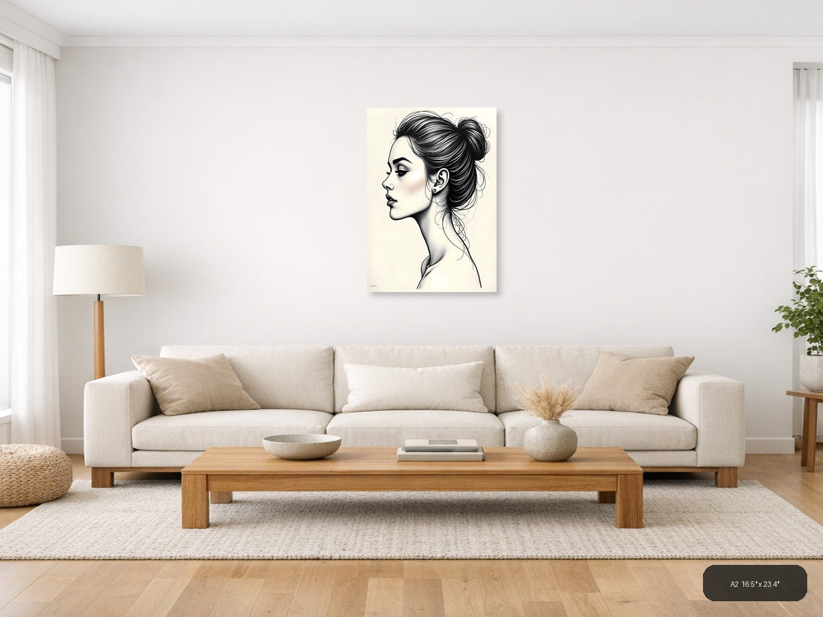 Profile Portrait Line Art Woman with Bun Hairstyle Wall Art — A2 / Living Room