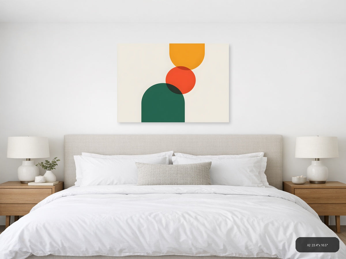 Minimalist Geometric Circles Orange Green Wall Art — A2 / Bedroom