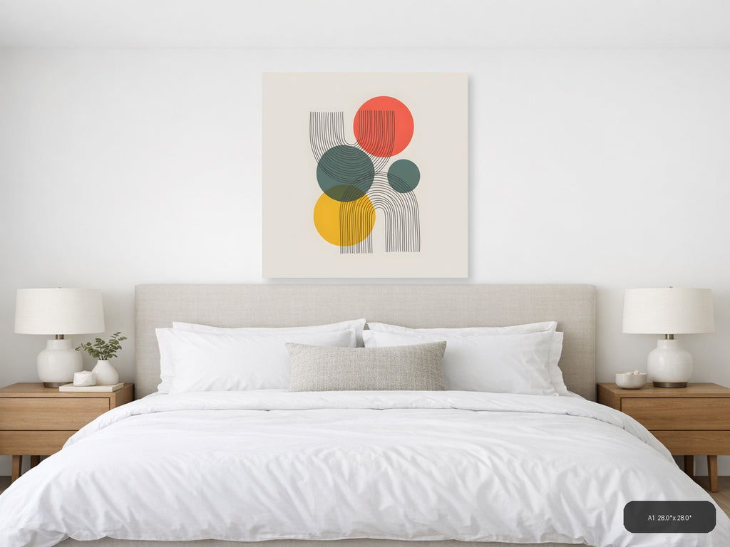Abstract Geometric Line Art with Colourful Circles Wall Art — A1 / Bedroom