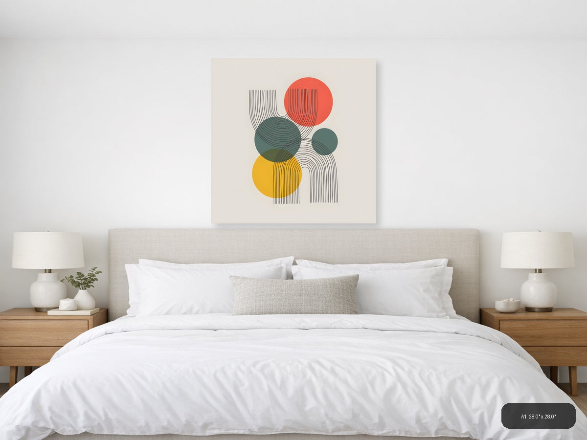 Abstract Geometric Line Art with Colourful Circles Wall Art — A1 / Bedroom