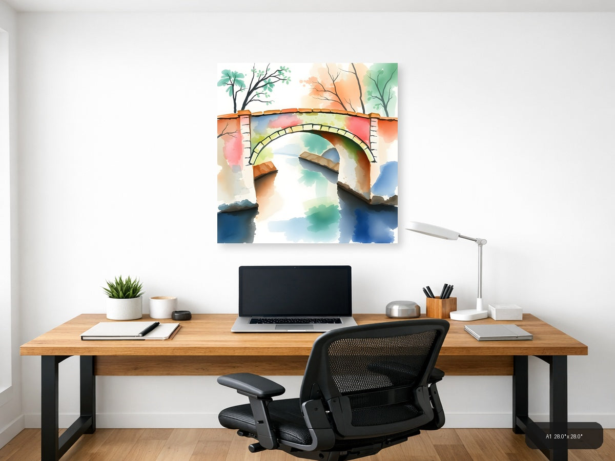 Stone Bridge Over Colorful Water Watercolor Wall Art — A1 / Office