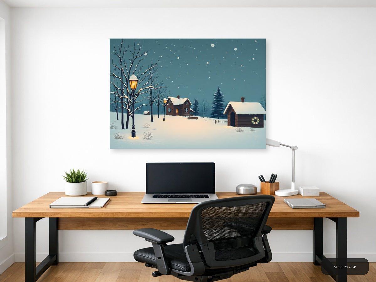 Vintage Winter Cottage Snow Scene Landscape Wall Art — A1 / Office