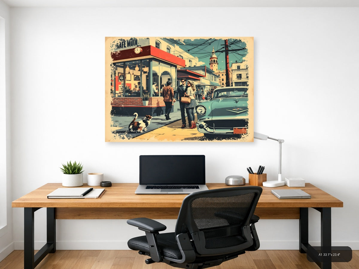 Vintage Café Street Scene with Retro Car Wall Art — A1 / Office