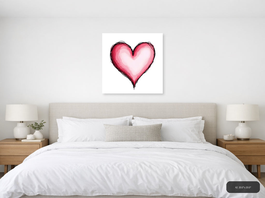Pink Heart Line Art with Watercolor Fill Wall Art — A2 / Bedroom