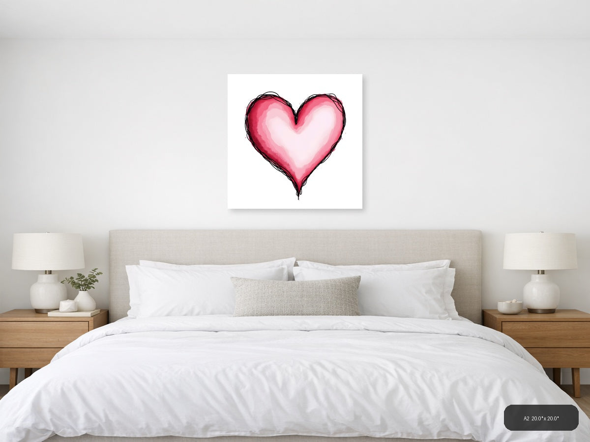 Pink Heart Line Art with Watercolor Fill Wall Art — A2 / Bedroom