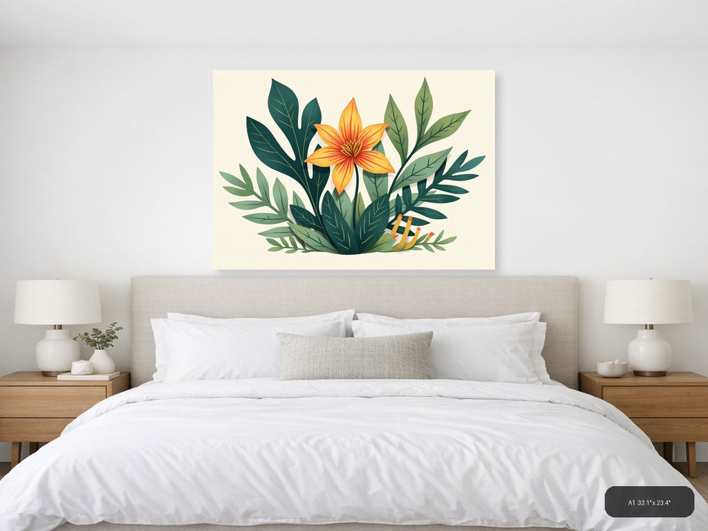 Botanical Orange Flower with Green Leaves Wall Art — A1 / Bedroom