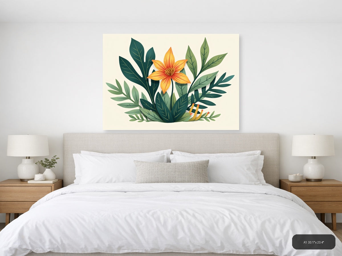 Botanical Orange Flower with Green Leaves Wall Art — A1 / Bedroom