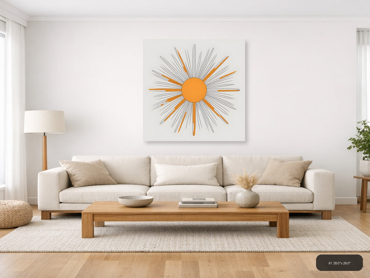 Golden Sun Line Art with Orange Rays Wall Art — A1 / Living Room