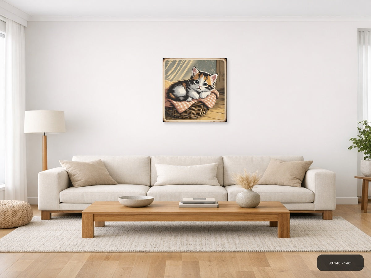 Vintage Calico Kitten in Basket - Square Wall Art — A3 / Living Room
