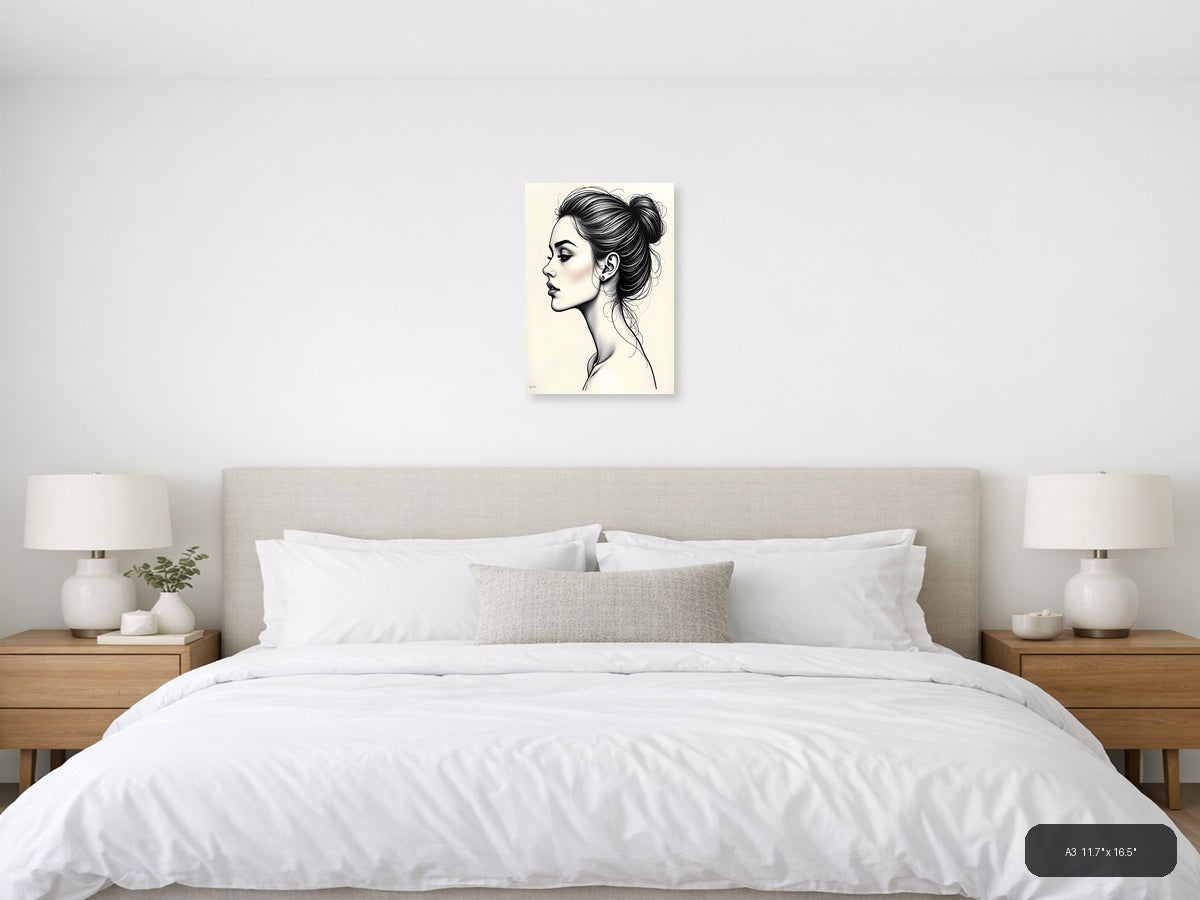 Profile Portrait Line Art Woman with Bun Hairstyle Wall Art — A3 / Bedroom