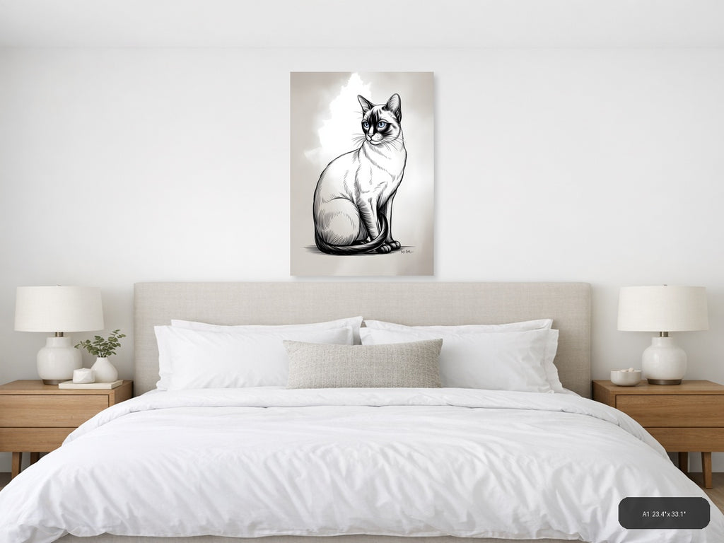 Sitting Cat with Blue Eyes Line Art Wall Art — A1 / Bedroom