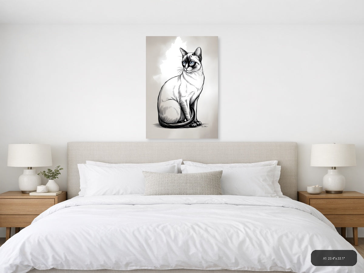 Sitting Cat with Blue Eyes Line Art Wall Art — A1 / Bedroom