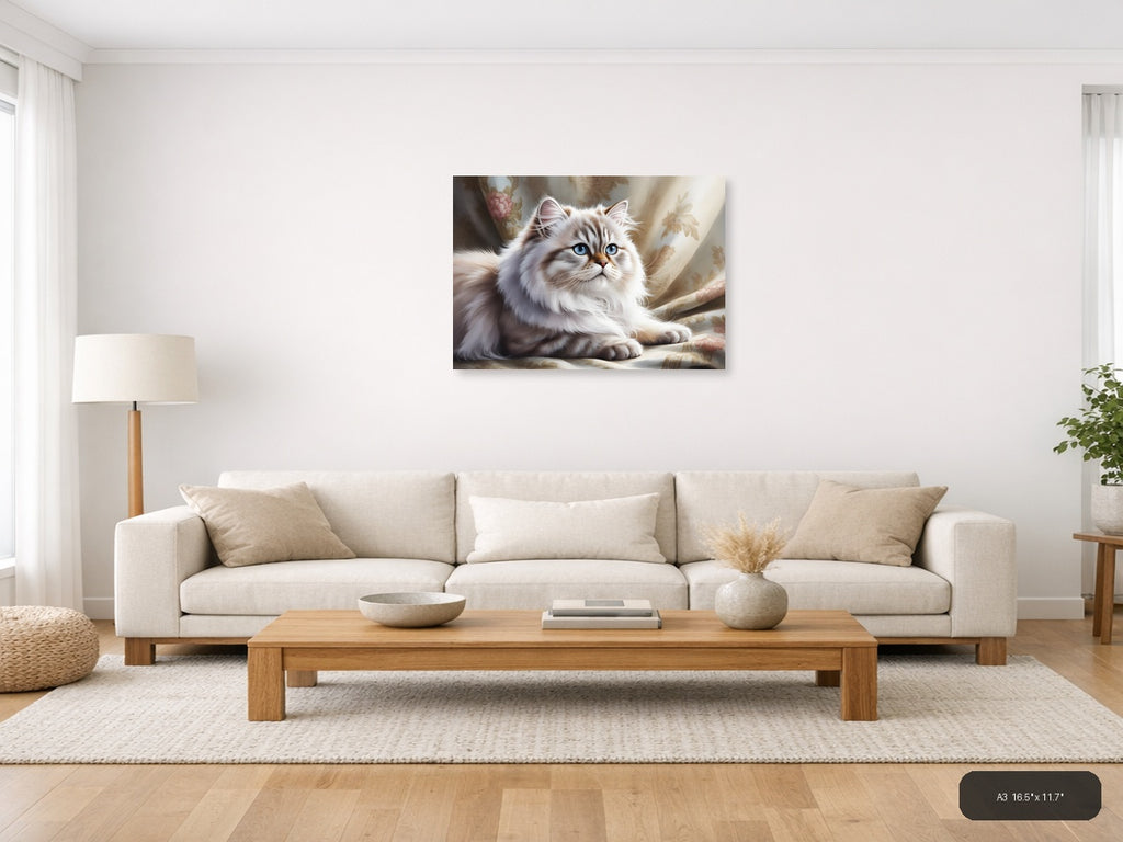 White Persian Cat with Blue Eyes Watercolor Wall Art — A3 / Living Room