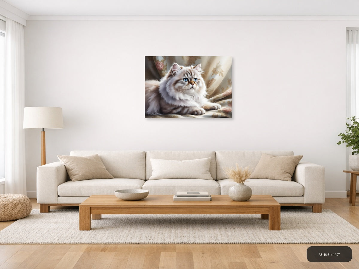 White Persian Cat with Blue Eyes Watercolor Wall Art — A3 / Living Room