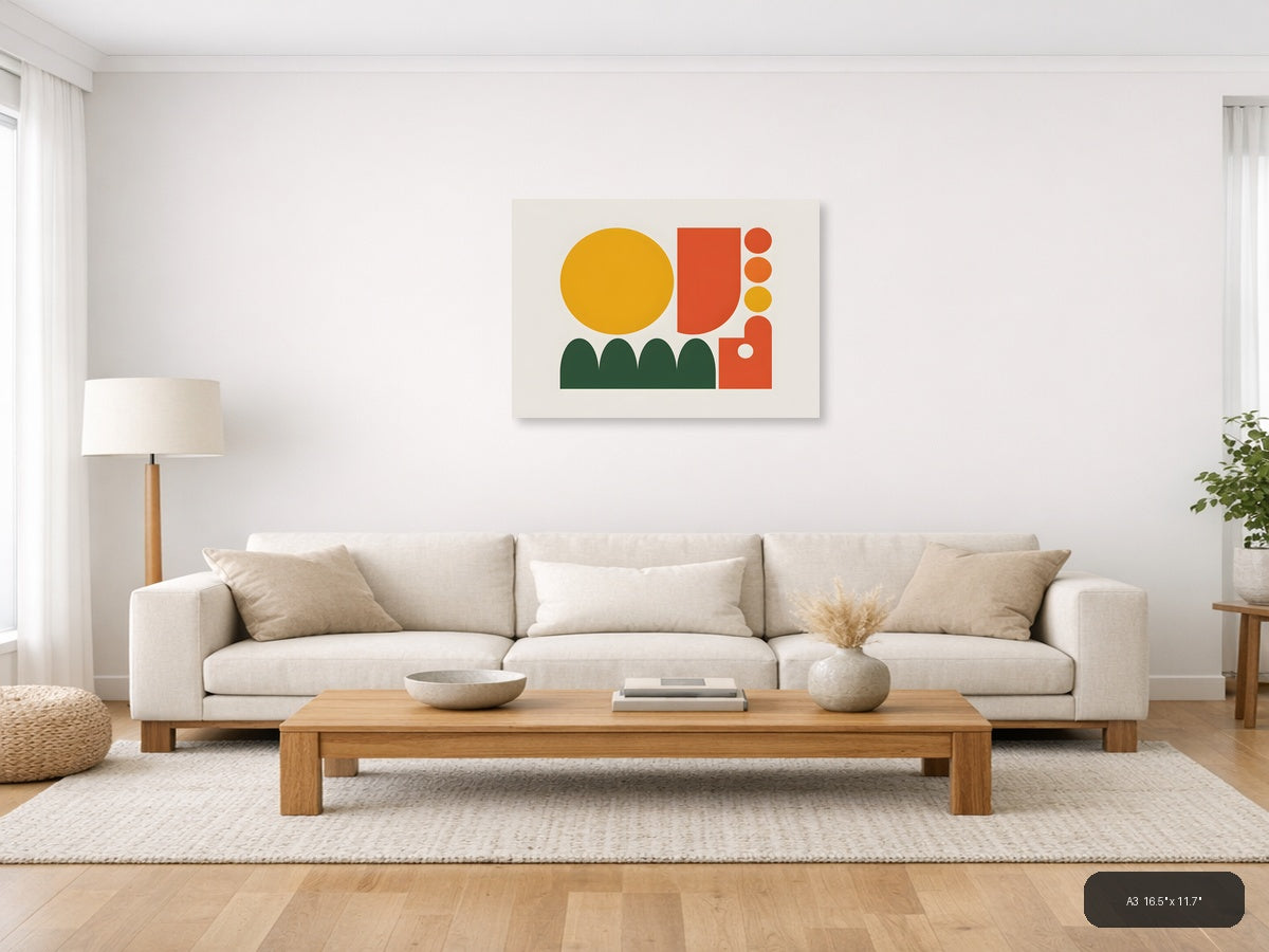 Minimalist Cactus & Geometric Shapes Landscape Wall Art — A3 / Living Room