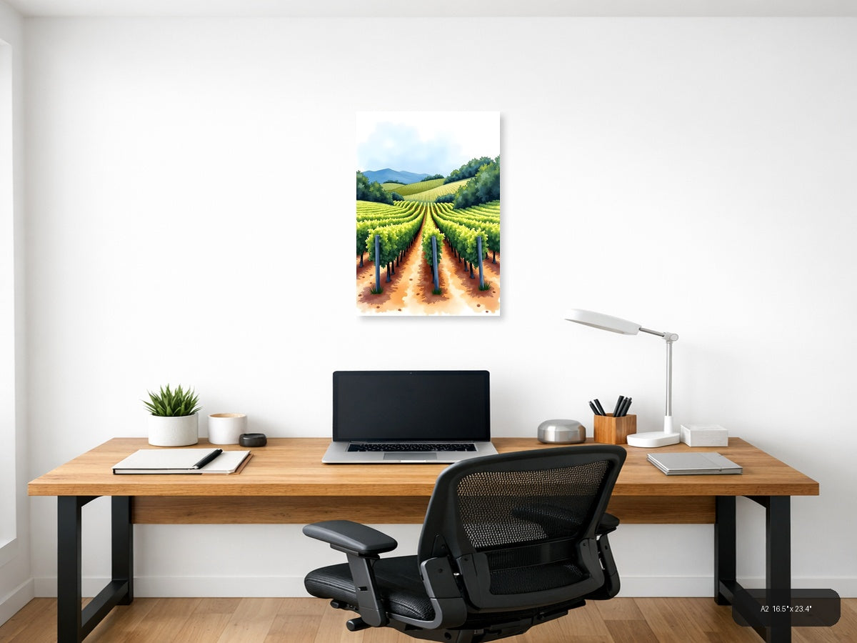 Vineyard Rows Watercolor Landscape Wall Art — A2 / Office