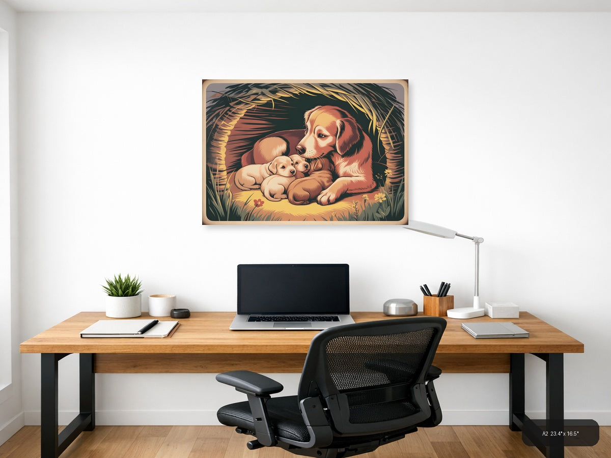 Vintage Mother Dog and Puppies Nest Wall Art — A2 / Office