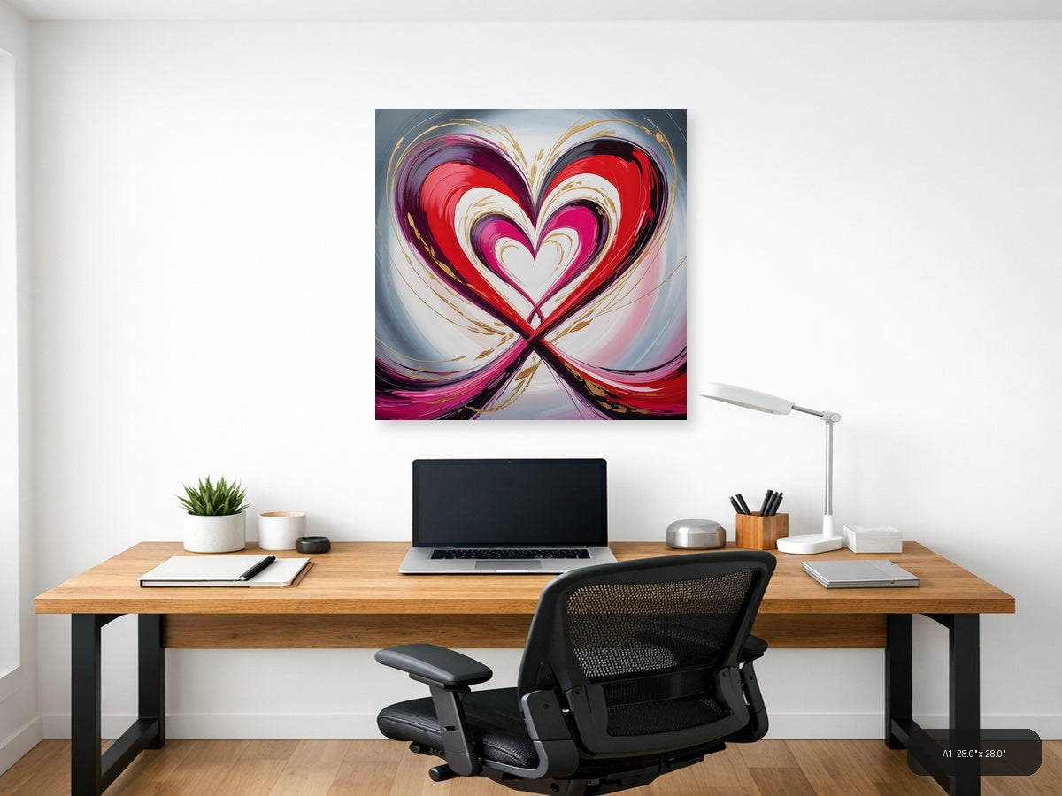 Abstract Nested Heart Swirl Red Pink Gold Wall Art — A1 / Office