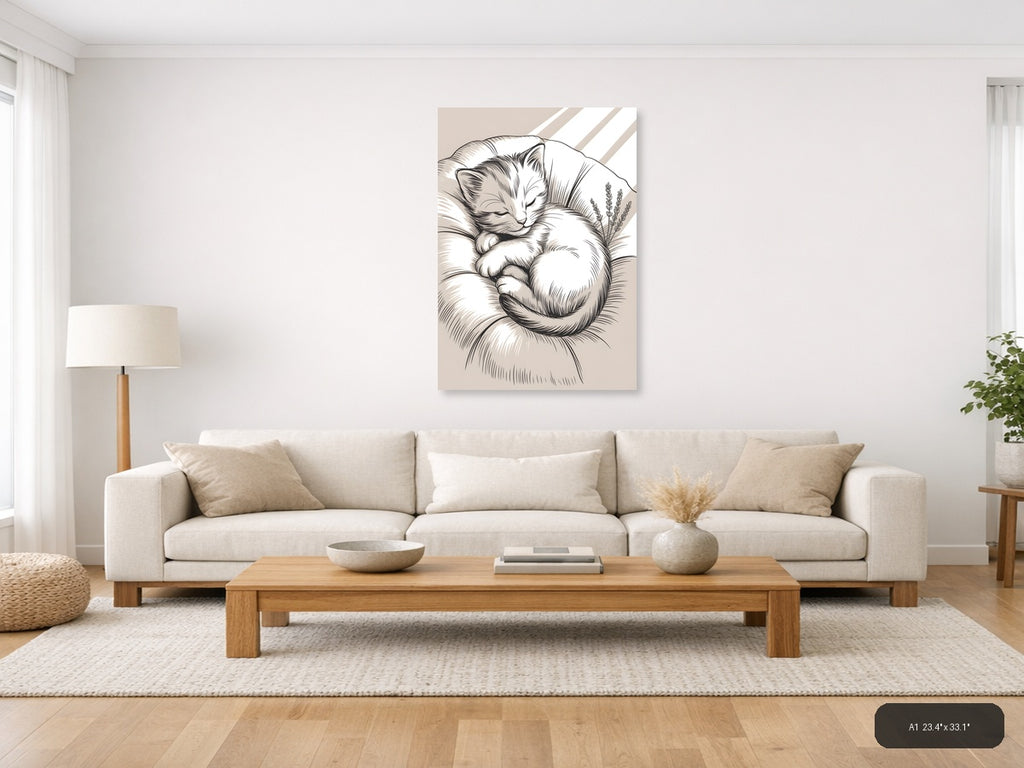 Sleeping Cat with Lavender Line Art Wall Art — A1 / Living Room