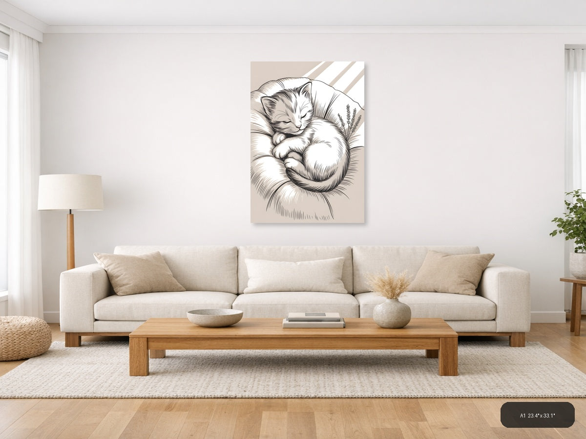 Sleeping Cat with Lavender Line Art Wall Art — A1 / Living Room