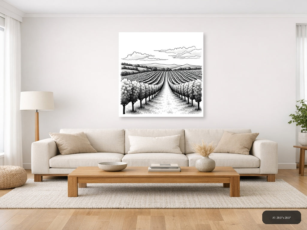 Vineyard Rows Line Art Landscape Wall Art — A1 / Living Room