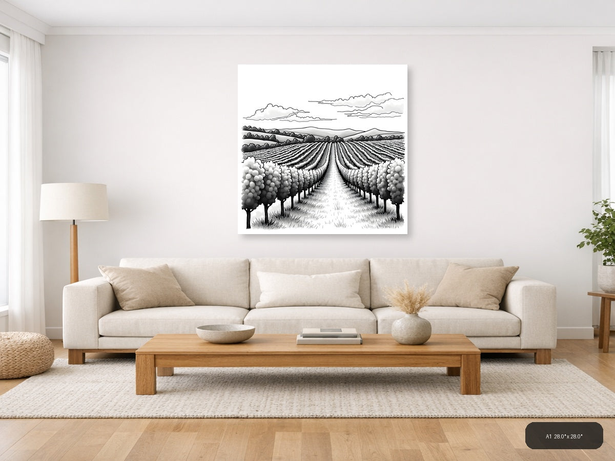 Vineyard Rows Line Art Landscape Wall Art — A1 / Living Room