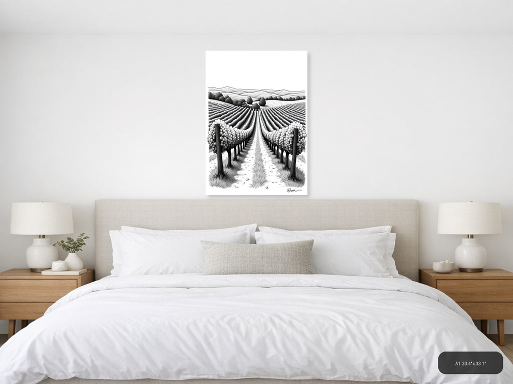 Vineyard Landscape Line Art - Monochrome Wine Country Wall Art — A1 / Bedroom