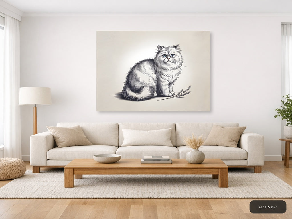 Fluffy Long-Haired Cat with Wheat Line Art Wall Art — A1 / Living Room