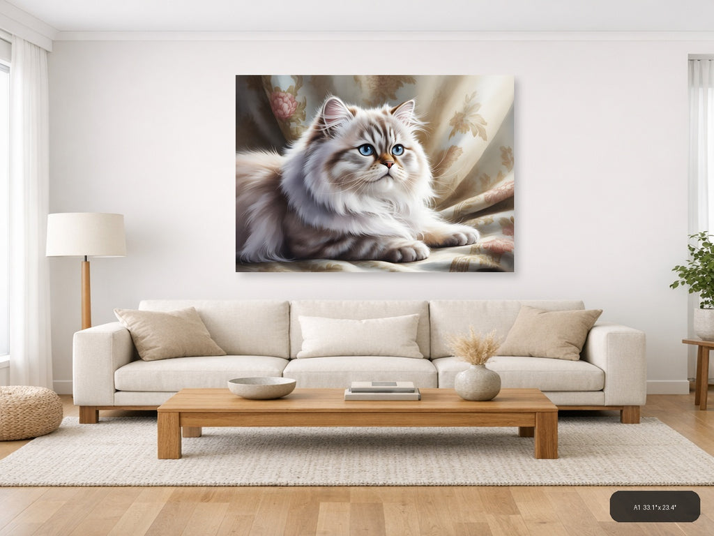 White Persian Cat with Blue Eyes Watercolor Wall Art — A1 / Living Room