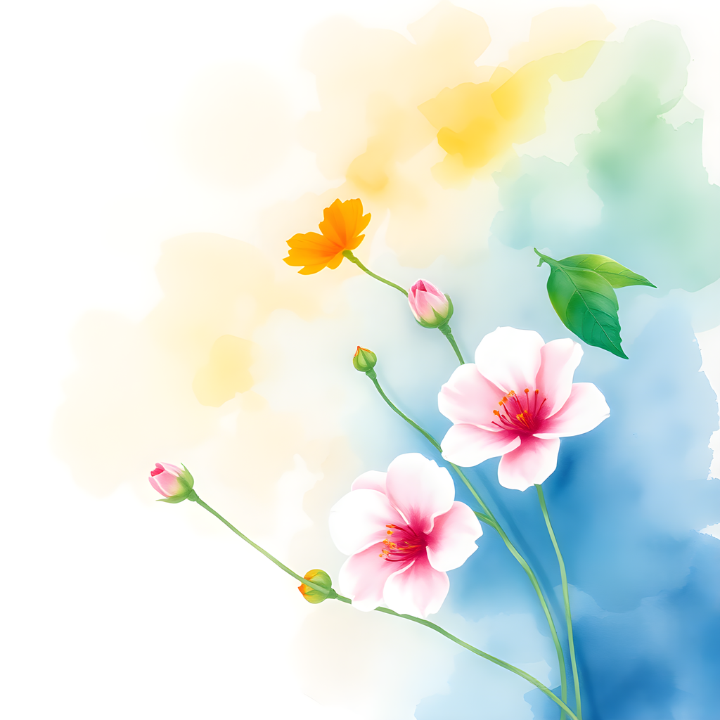 Watercolor Pink & Yellow Flowers on Blue Wall Art