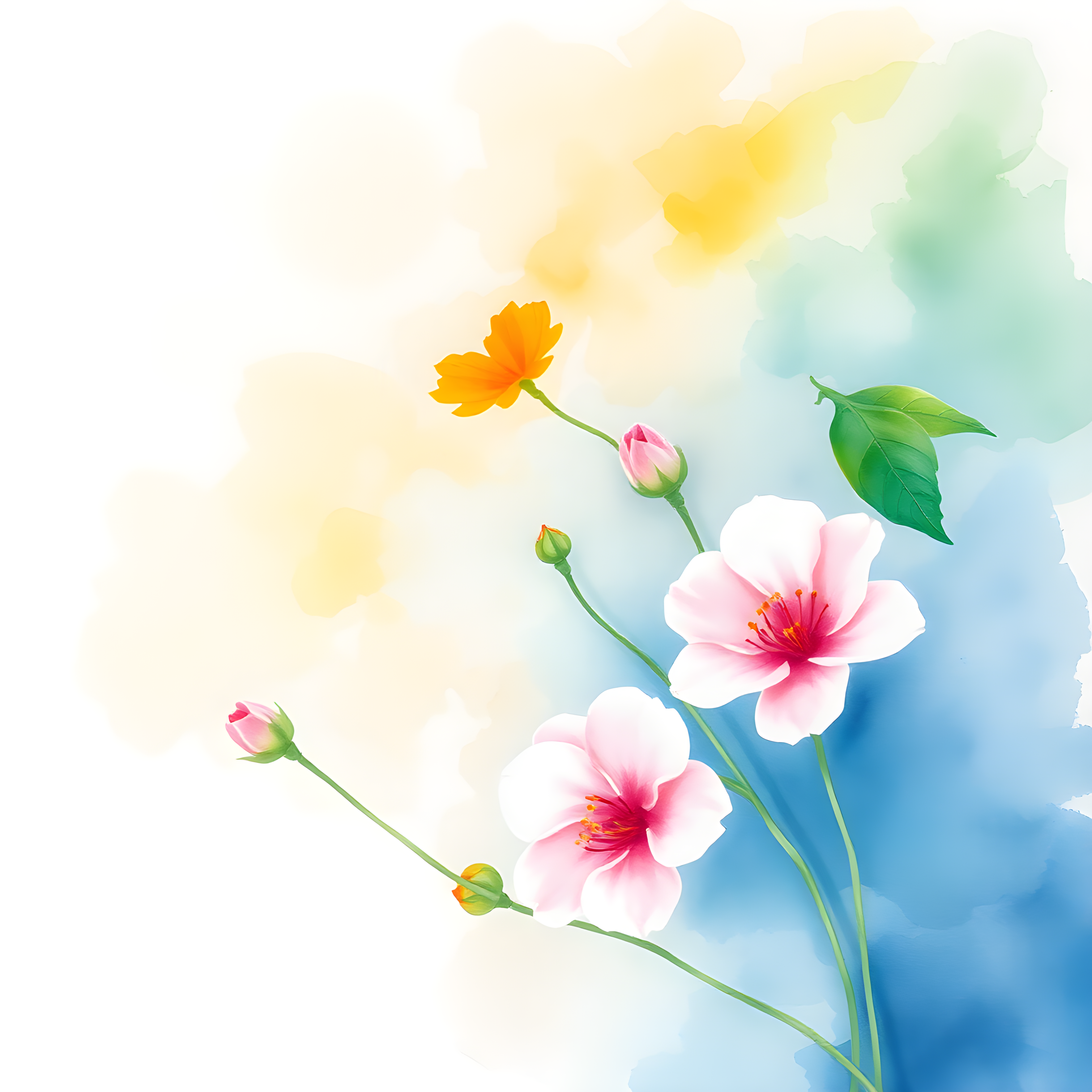 Watercolor Pink & Yellow Flowers on Blue Wall Art