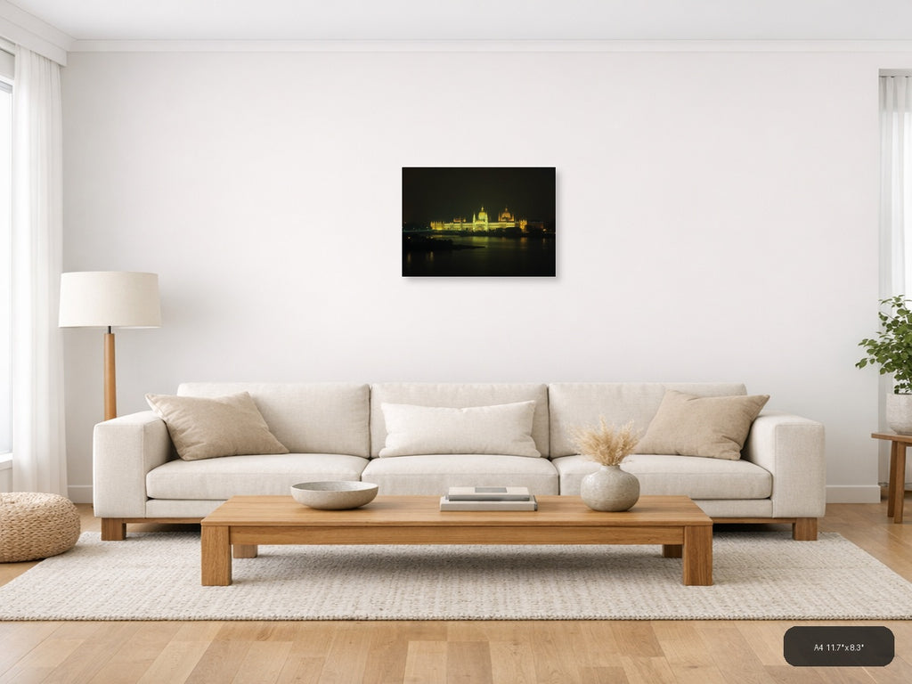 Golden Parliament Building Night Reflection | Minimalist Landscape Wall Art — A4 (Living Room)