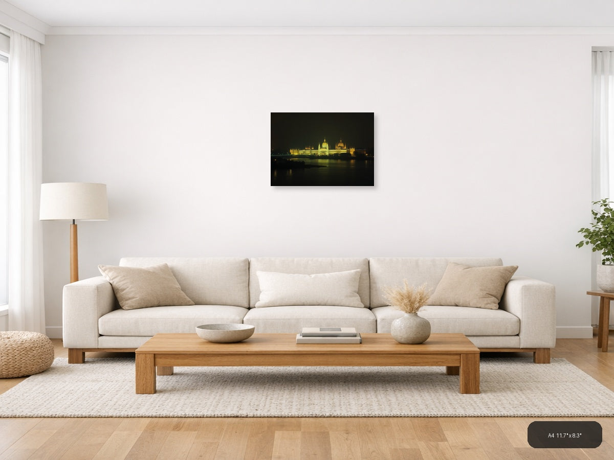 Golden Parliament Building Night Reflection | Minimalist Landscape Wall Art — A4 (Living Room)