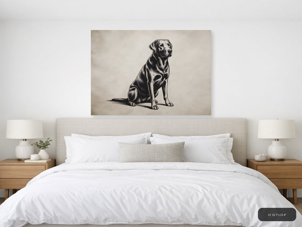 Sitting Labrador Retriever Line Art Black & White Wall Art — A1 / Bedroom