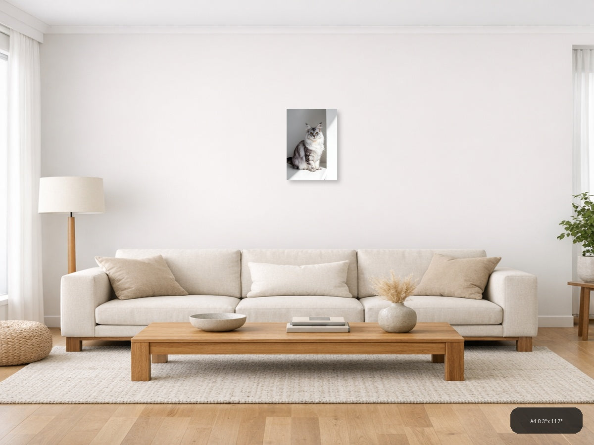 Gray Tabby Cat Portrait Minimalist Wall Art — A4 / Living Room