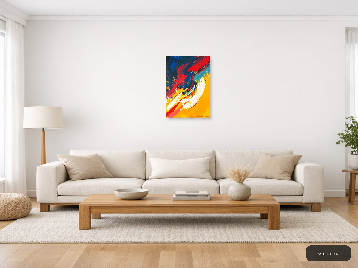 Bold Abstract Swirls Red Blue Yellow Wall Art — A3 / Living Room