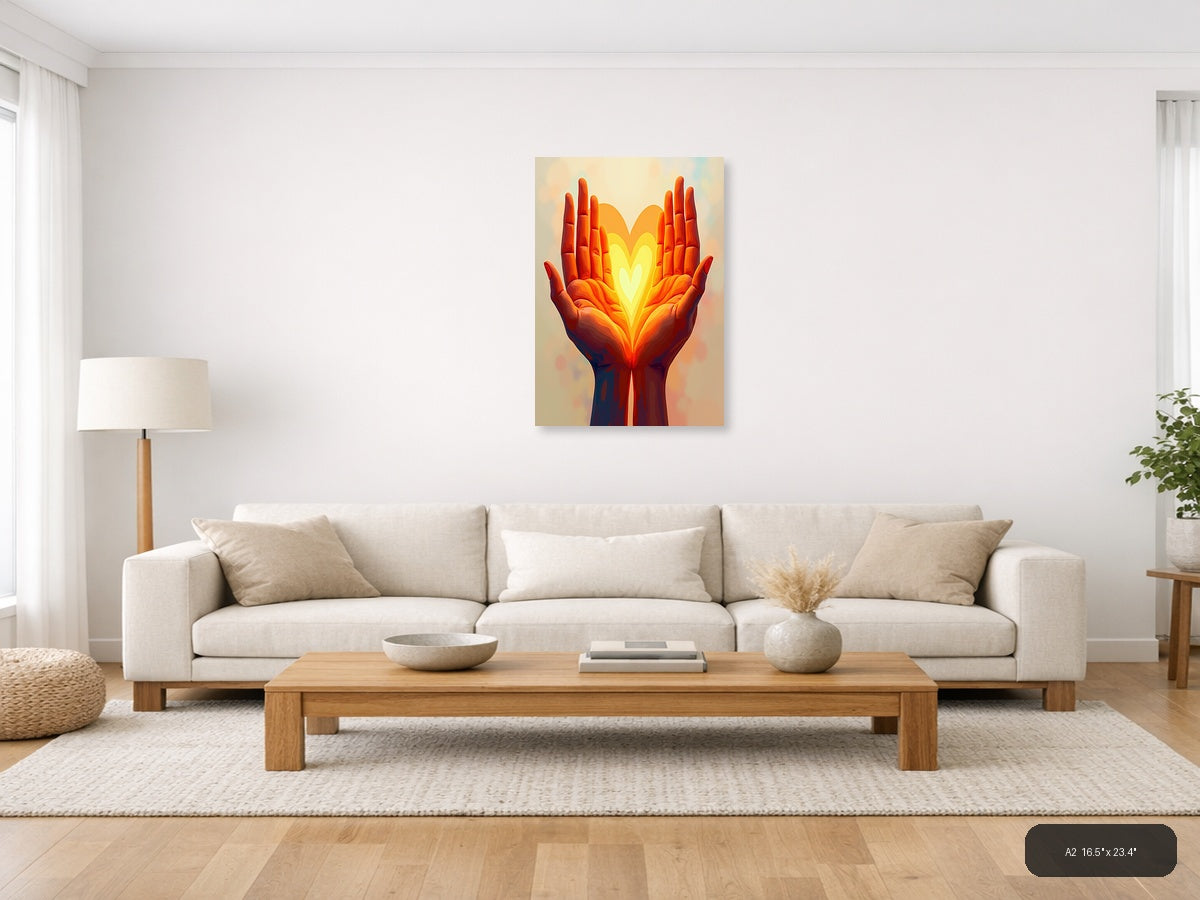 Glowing Heart in Hands Abstract Portrait Wall Art — A2 / Living Room