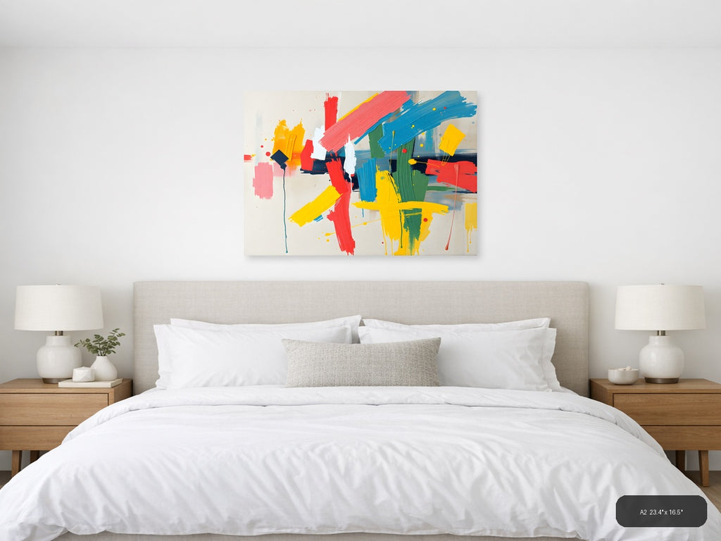 Colorful Abstract Brushstrokes & Geometric Shapes Wall Art — A2 / Bedroom